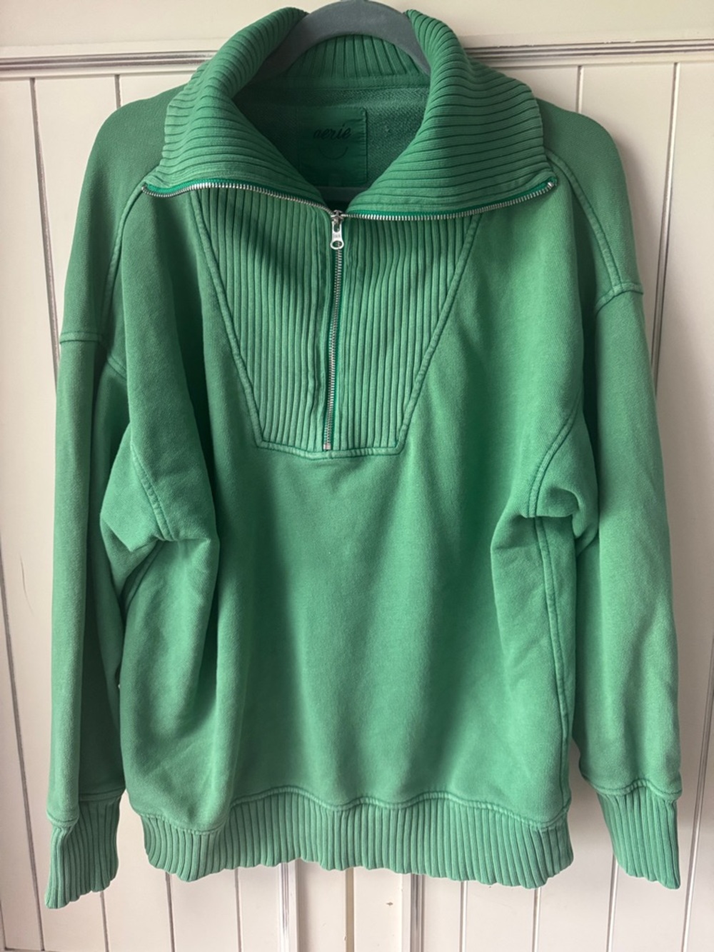 aerie Kelly Green Half-Zip Ribbed Funnel Pullover